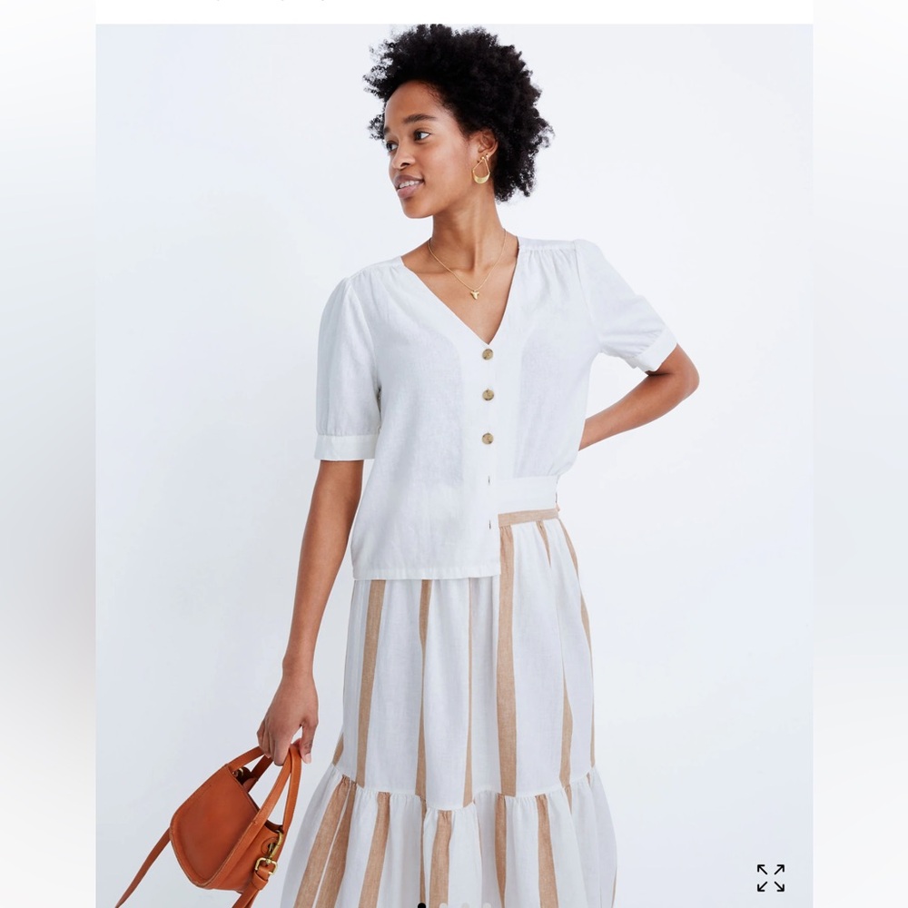 Madewell Linen-Blend Plaza Button-Front Shirt White Puff Sleeve Top Size Medium